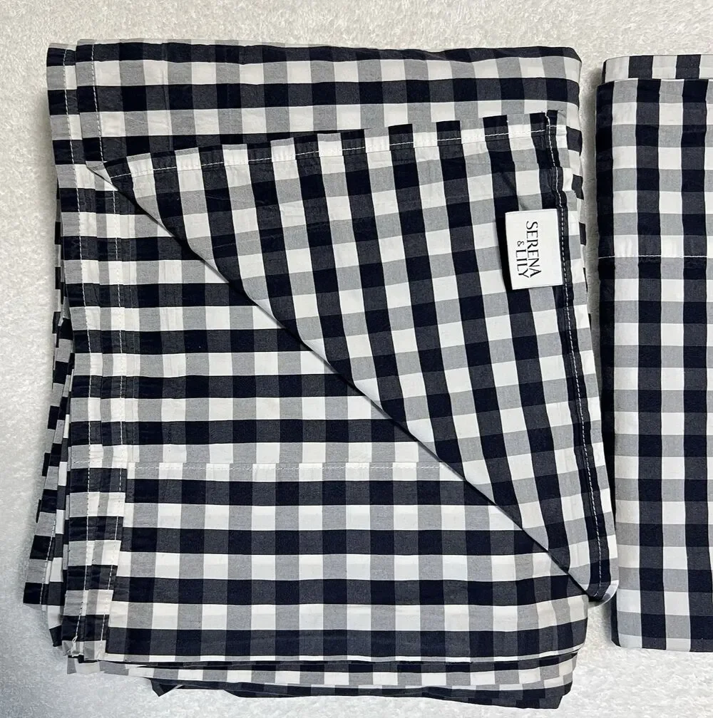 Serena & Lily Full Flat Sheet Pillow Case Set Gingham Navy White Buffalo Check